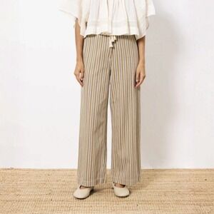 FRNCH Paris Parissa Pant NWOT 100% Cotton Wide Leg Tan Grey Striped Size XS NWOT